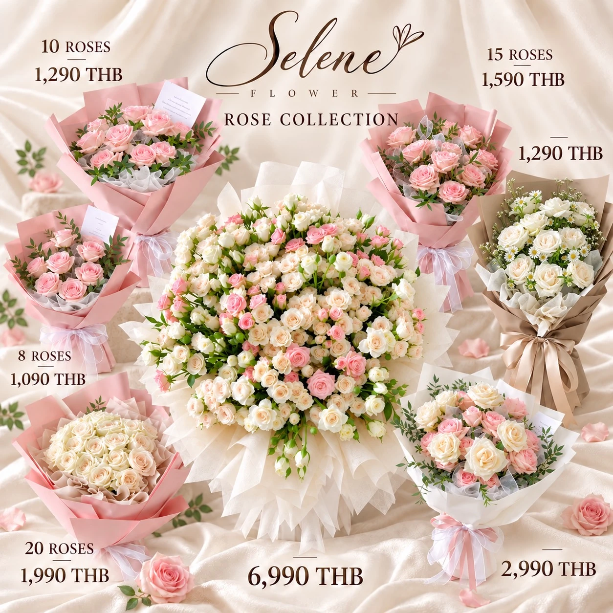 ภาพคอลเลกชันช่อกุหลาบ Selene Flower หลายขนาดพร้อมข้อความราคาในภาพ
