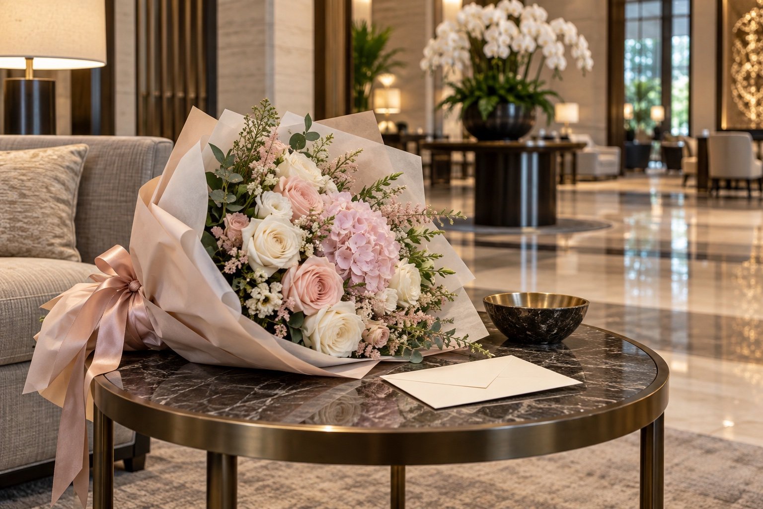 ภาพประกอบสร้างด้วย AI ของช่อดอกไม้ห่อสีชมพูครีมบนโต๊ะในล็อบบี้โรงแรมที่ไม่มีตราสัญลักษณ์