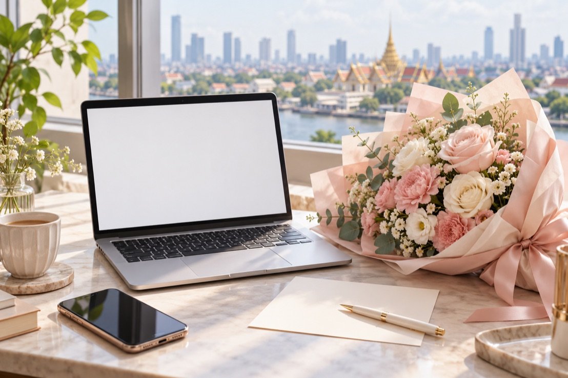 สมุดโน้ต โทรศัพท์ และช่อดอกไม้บนโต๊ะทำงานสำหรับวางแผนของขวัญจากระยะไกล
