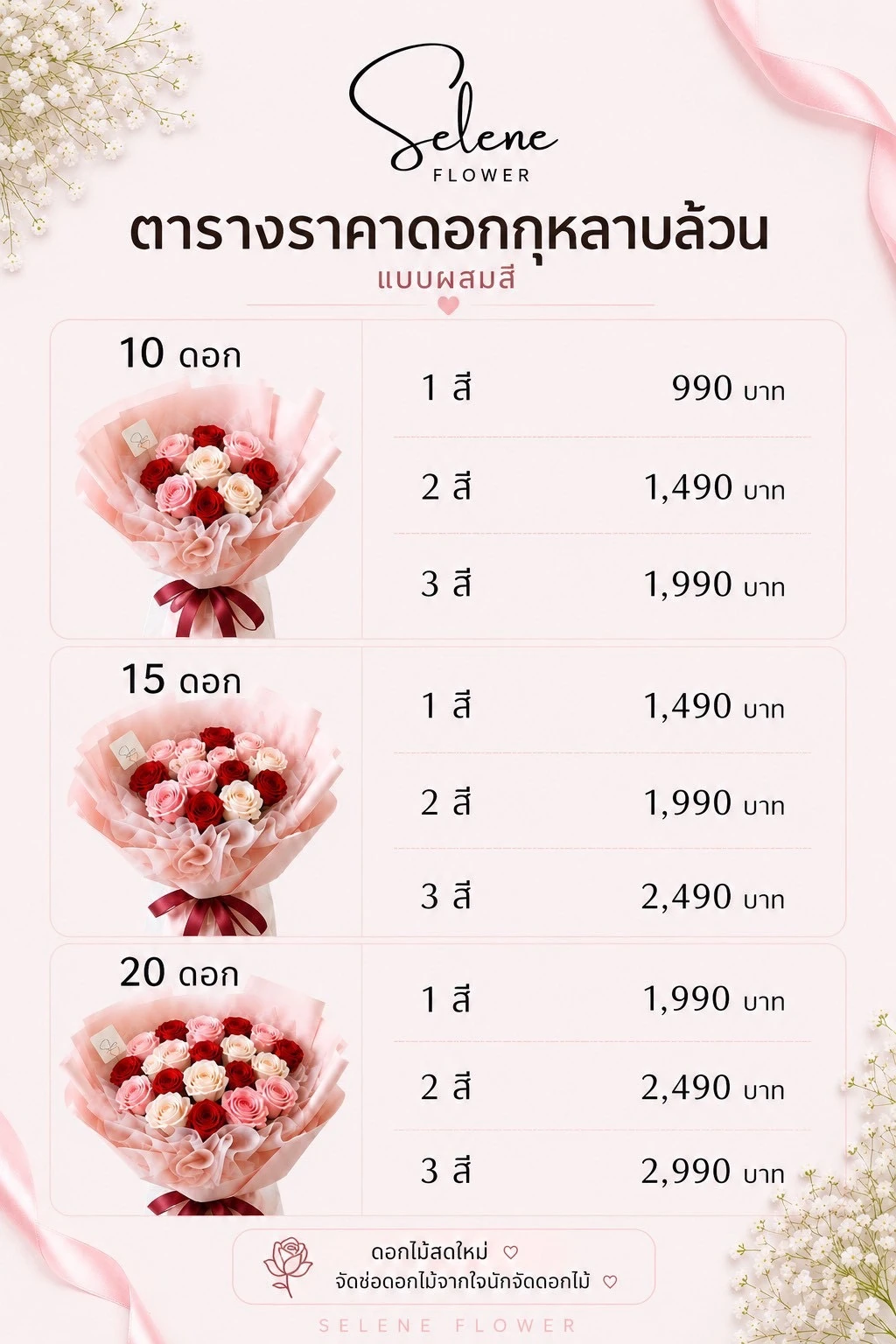ภาพตารางราคาช่อกุหลาบ Selene Flower แยกตามจำนวนดอกและจำนวนสี
